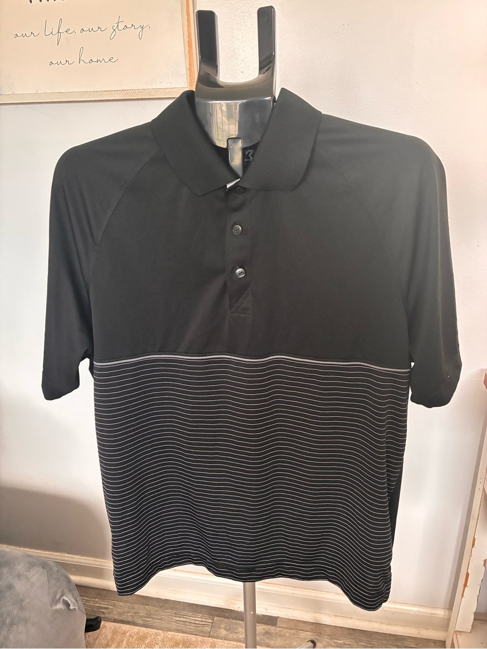 Cutter & Buck Black Polo with Thin Gray Stripe Panel